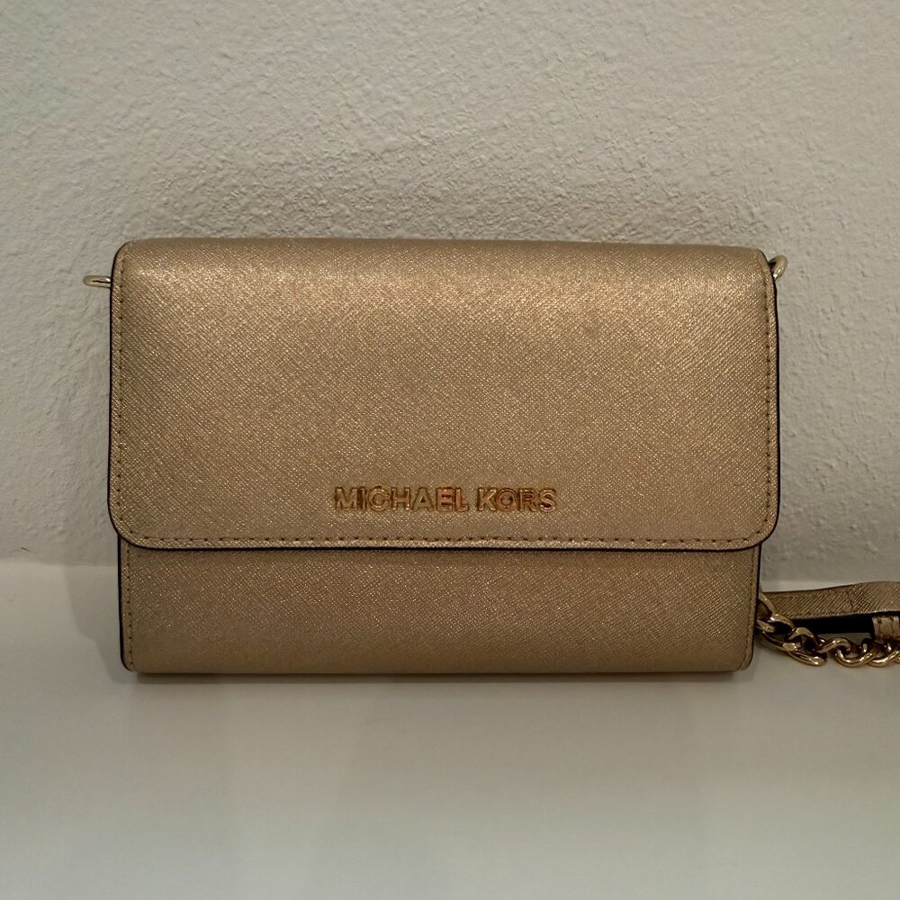 Michael Kors Gold Jet Set Travel Wallet Crossbody Chain Strap Clutch
